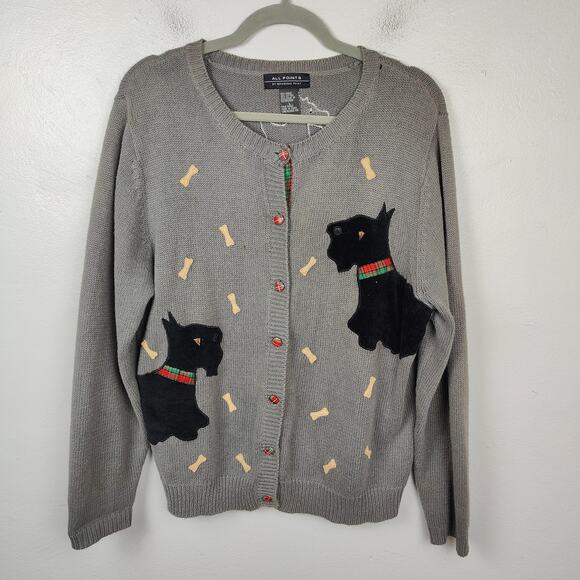 Vintage All Points Scottish Terrier Cardigan Sweater Women Large Gray Knit Ramie - Picture 1 of 7